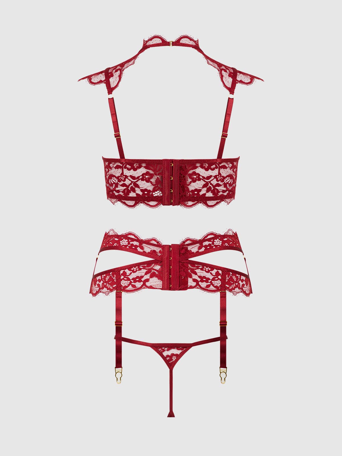 Dezi Lace & Chain Open Cup Bra, Garter & G-String Set Lingerie by House of Desire- The Nookie