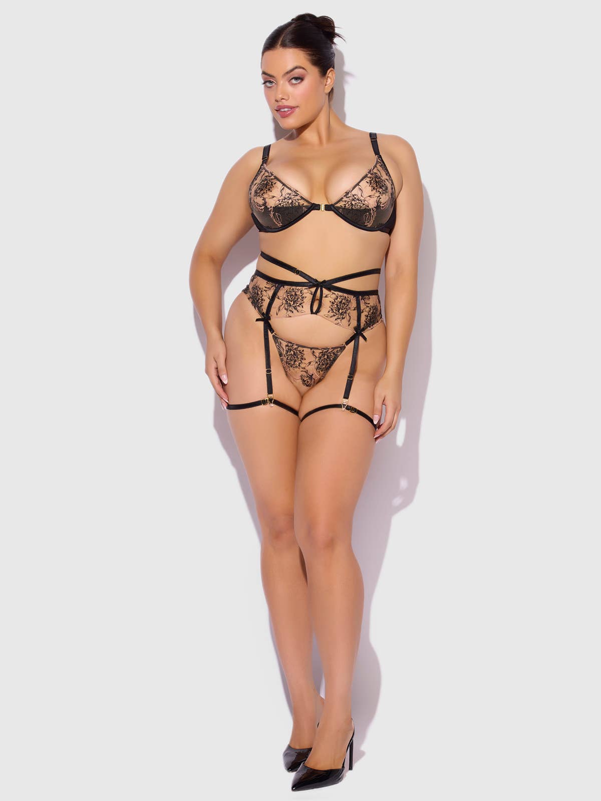 Delilah Embroidered Push Up Bra, Garter & Thong Set Lingerie by House of Desire- The Nookie