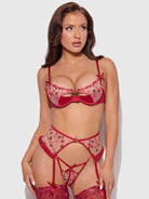 S Angelina Lips Embroidery Open Cup Bra, Garter & Bow G-string Set Lingerie by House of Desire- The Nookie