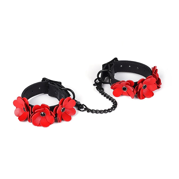 Black and Red Leather Flowers Hand Cuffs Kink by Liebe Seele- The Nookie