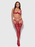 Angelina Lips Embroidery Open Cup Bra, Garter & Bow G-string Set Lingerie by House of Desire- The Nookie