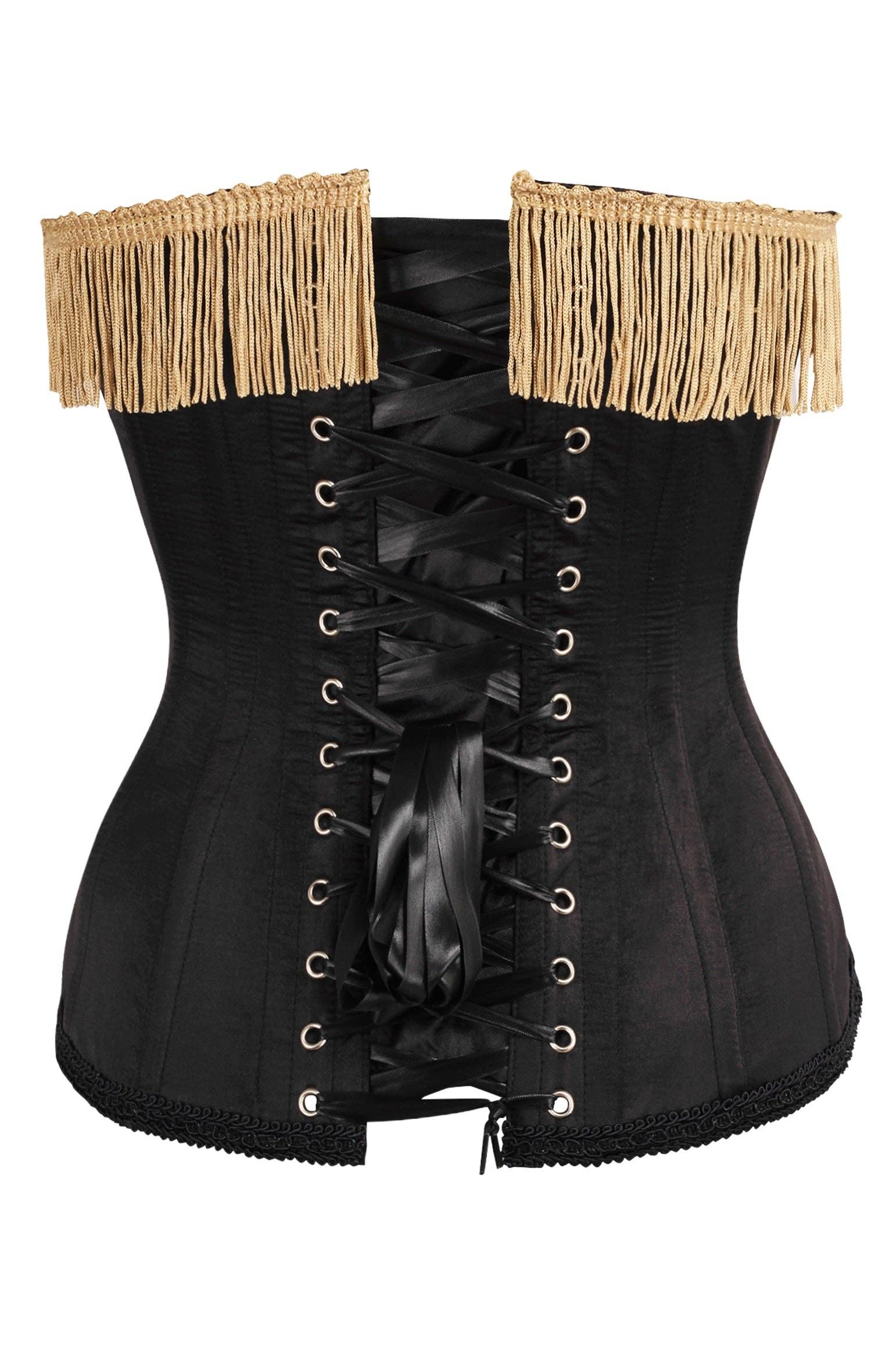  Black and Dark Red Steel Boned Corset with Gold Fringe Lingerie by Daisy Corsets- The Nookie