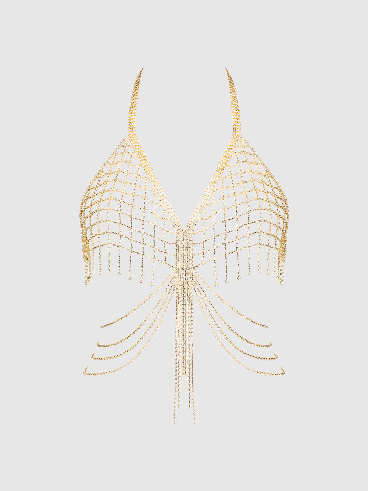 Rhinestone Net & Fringe Halter Bralette in Gold Lingerie by House of Desire- The Nookie
