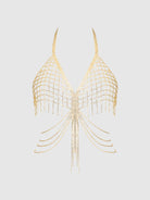 Rhinestone Net & Fringe Halter Bralette in Gold Lingerie by House of Desire- The Nookie