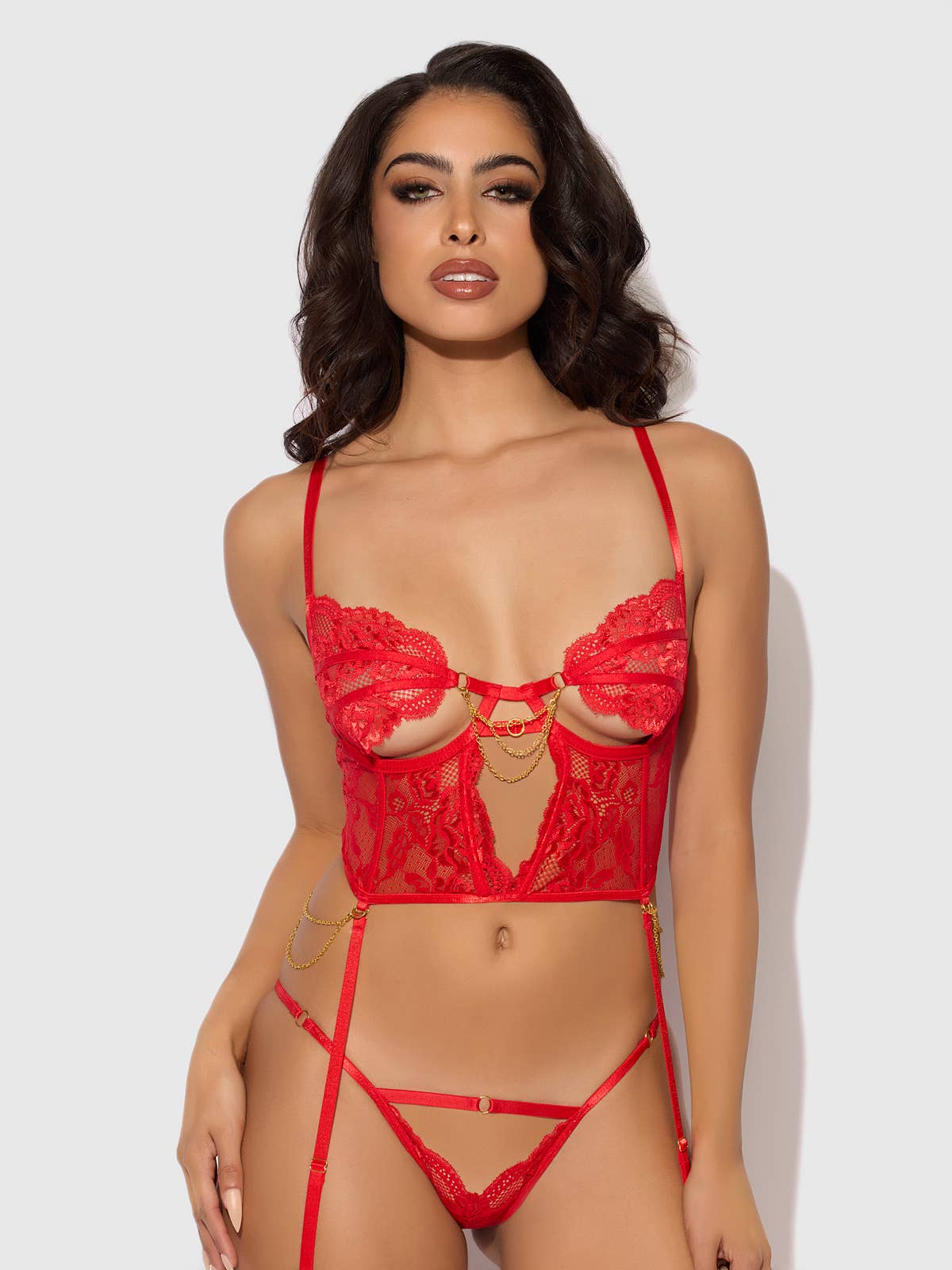 S Cecily Lace & Chain Bustier & Hipster Set in Red Lingerie by House of Desire- The Nookie