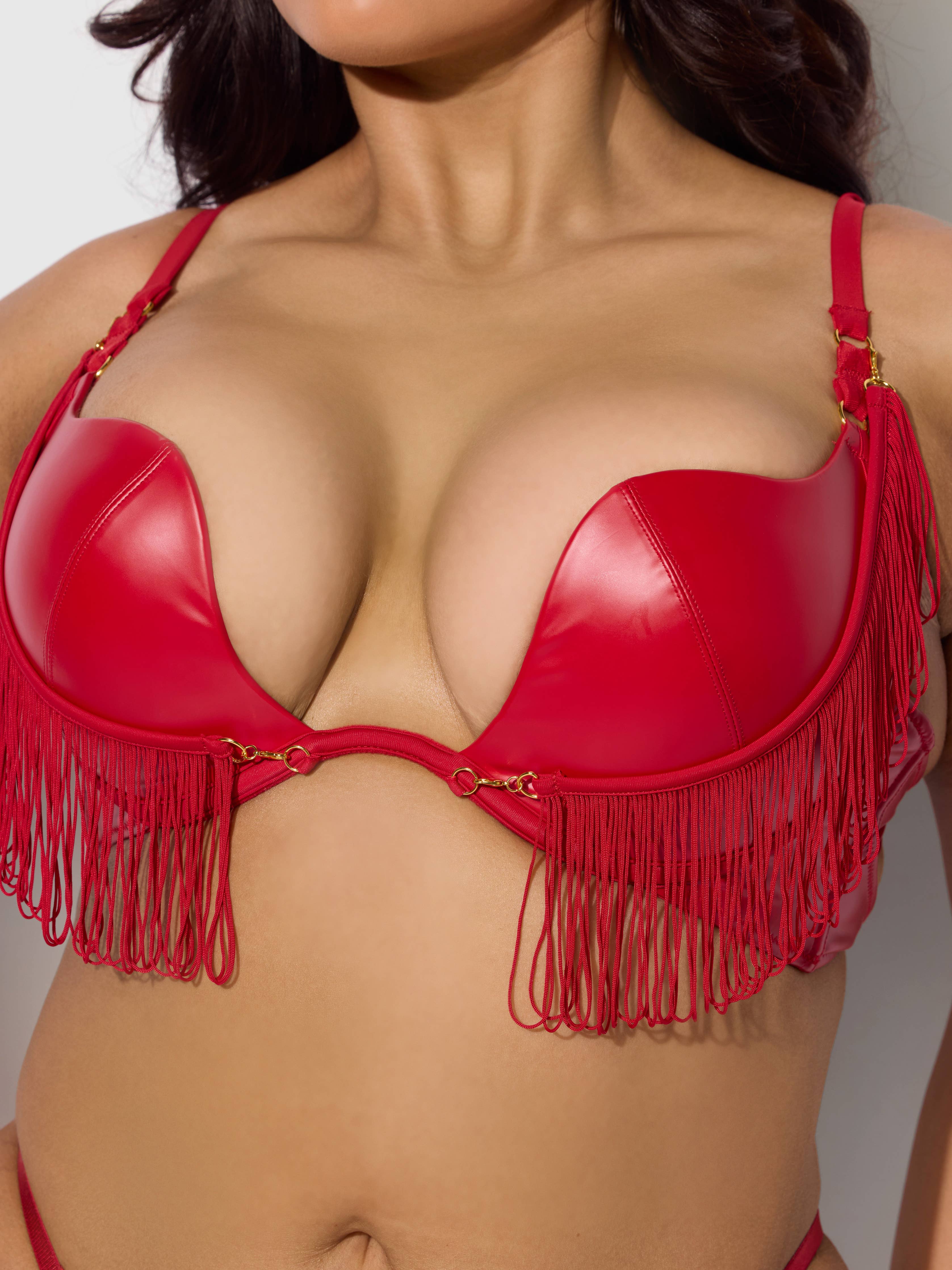Phoenix Faux Leather & Fringe Push Up Bra & Thong Set Lingerie by House of Desire- The Nookie