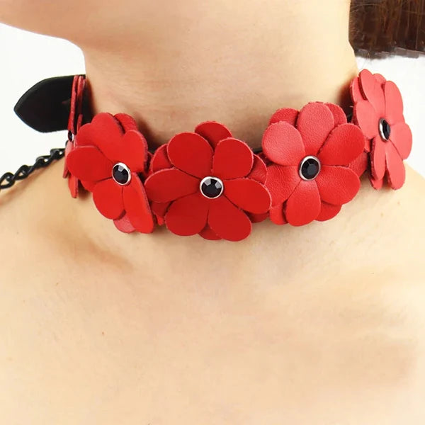 Red Leather Floral Collar with Leash Kink by Liebe Seele- The Nookie