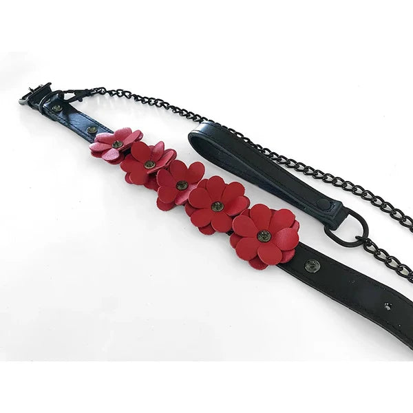 Red Leather Floral Collar with Leash Kink by Liebe Seele- The Nookie