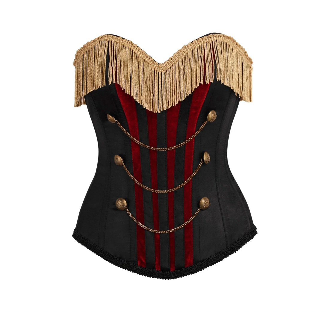 Black and Dark Red Steel Boned Corset with Gold Fringe Lingerie by Daisy Corsets- The Nookie