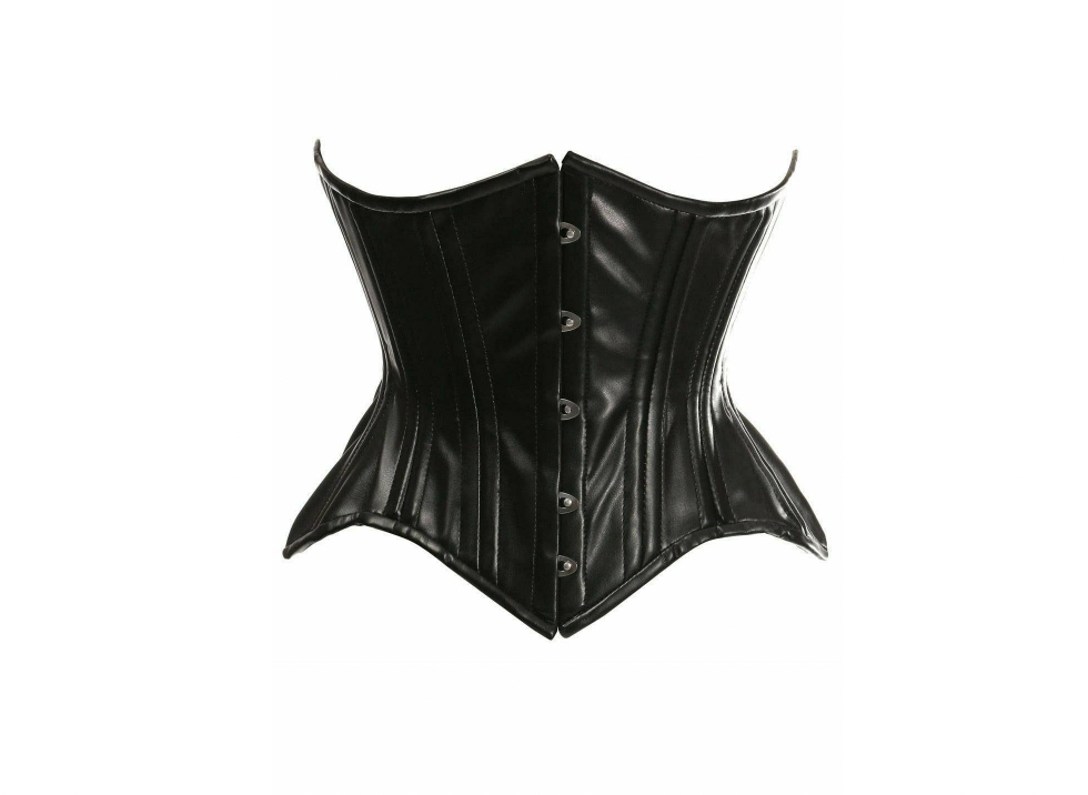 Top Drawer Black Faux Leather Double Steel Boned Curvy Cut Waist Cincher Corset Lingerie by Daisy Corsets- The Nookie