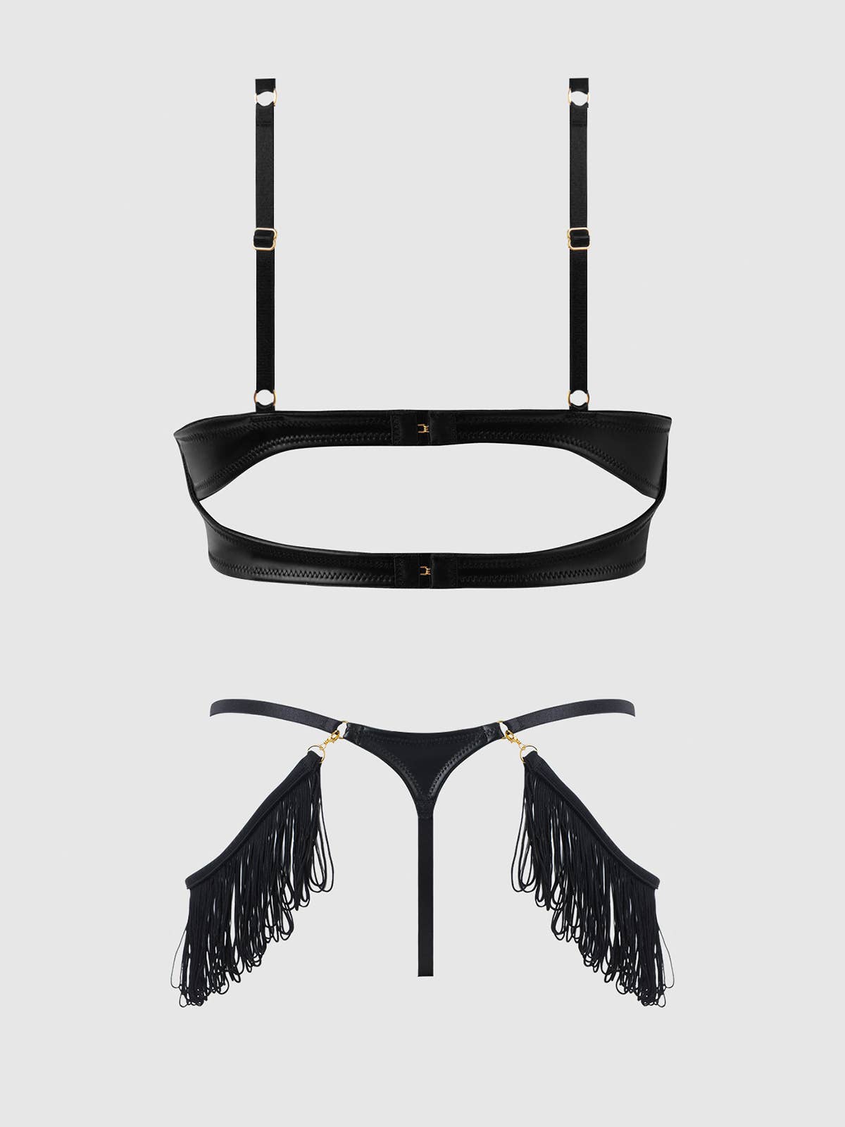 Phoenix Faux Leather & Fringe Push Up Bra & Thong Set Lingerie by House of Desire- The Nookie
