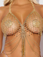 Rhinestone Net & Fringe Halter Bralette in Gold Lingerie by House of Desire- The Nookie