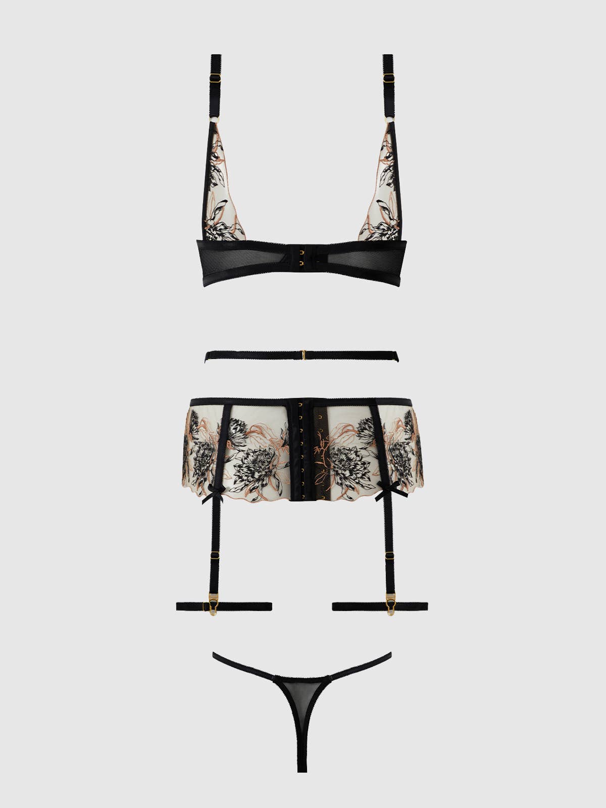 Delilah Embroidered Push Up Bra, Garter & Thong Set Lingerie by House of Desire- The Nookie