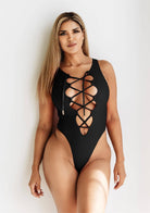  Katrina Lace Up One Piece Swimsuit In Black Lingerie by Vanity Couture- The Nookie