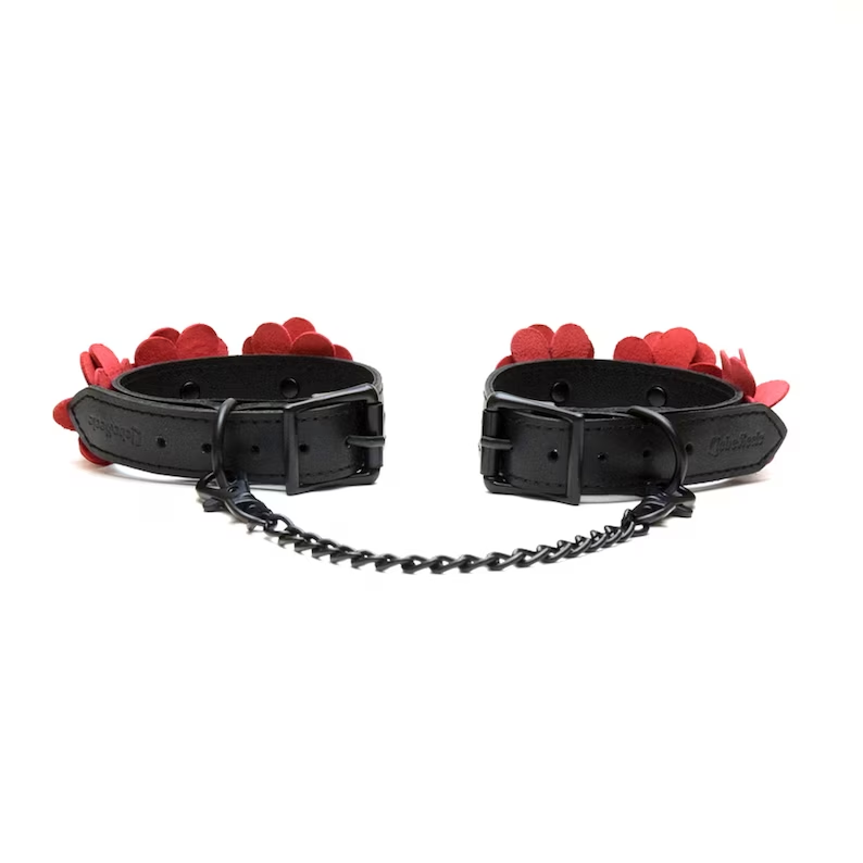  Black and Red Leather Flowers Ankle Cuffs Kink by Liebe Seele- The Nookie