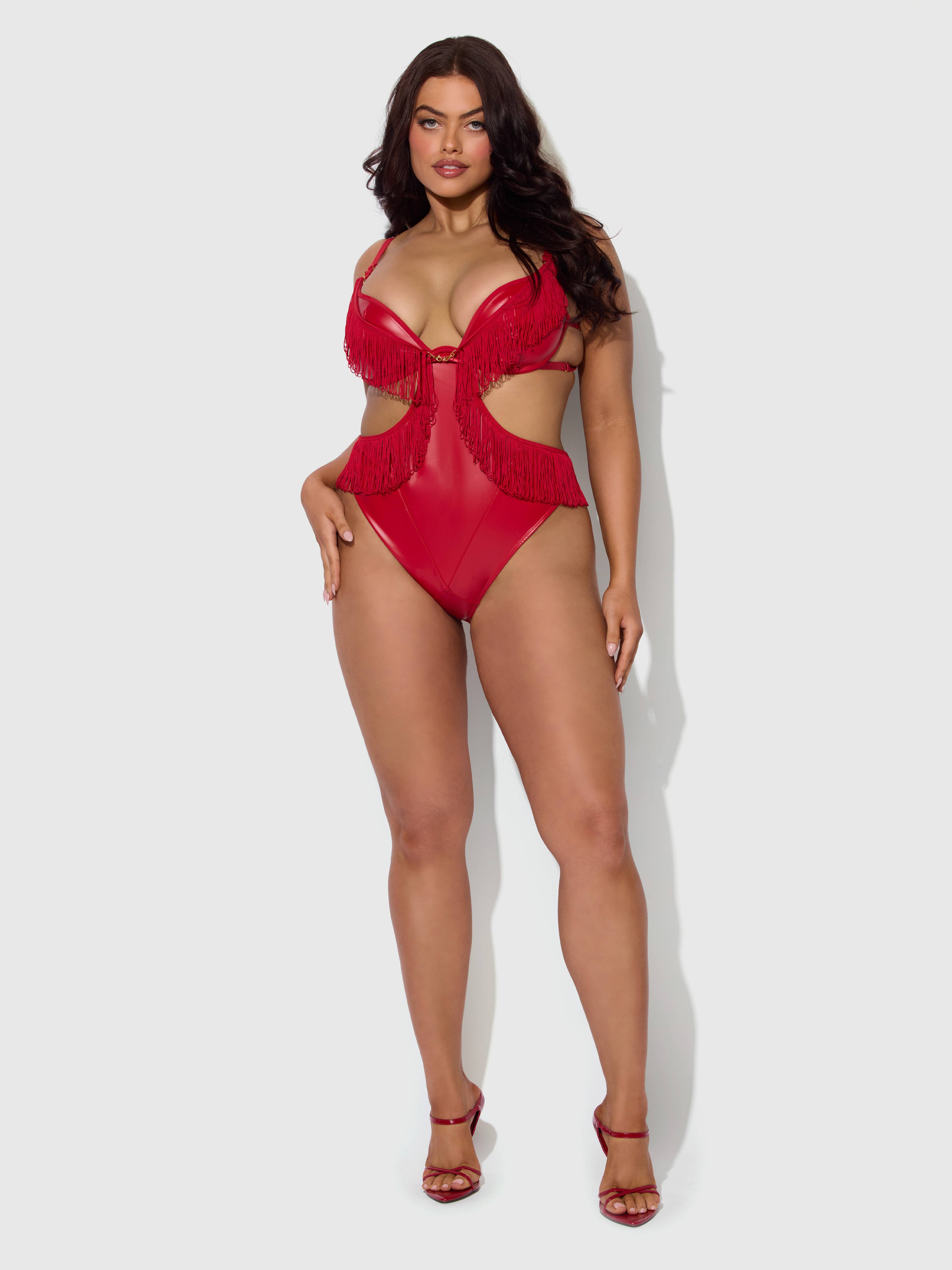 Phoenix Faux Leather & Fringe Crotchless Teddy Lingerie by House of Desire- The Nookie
