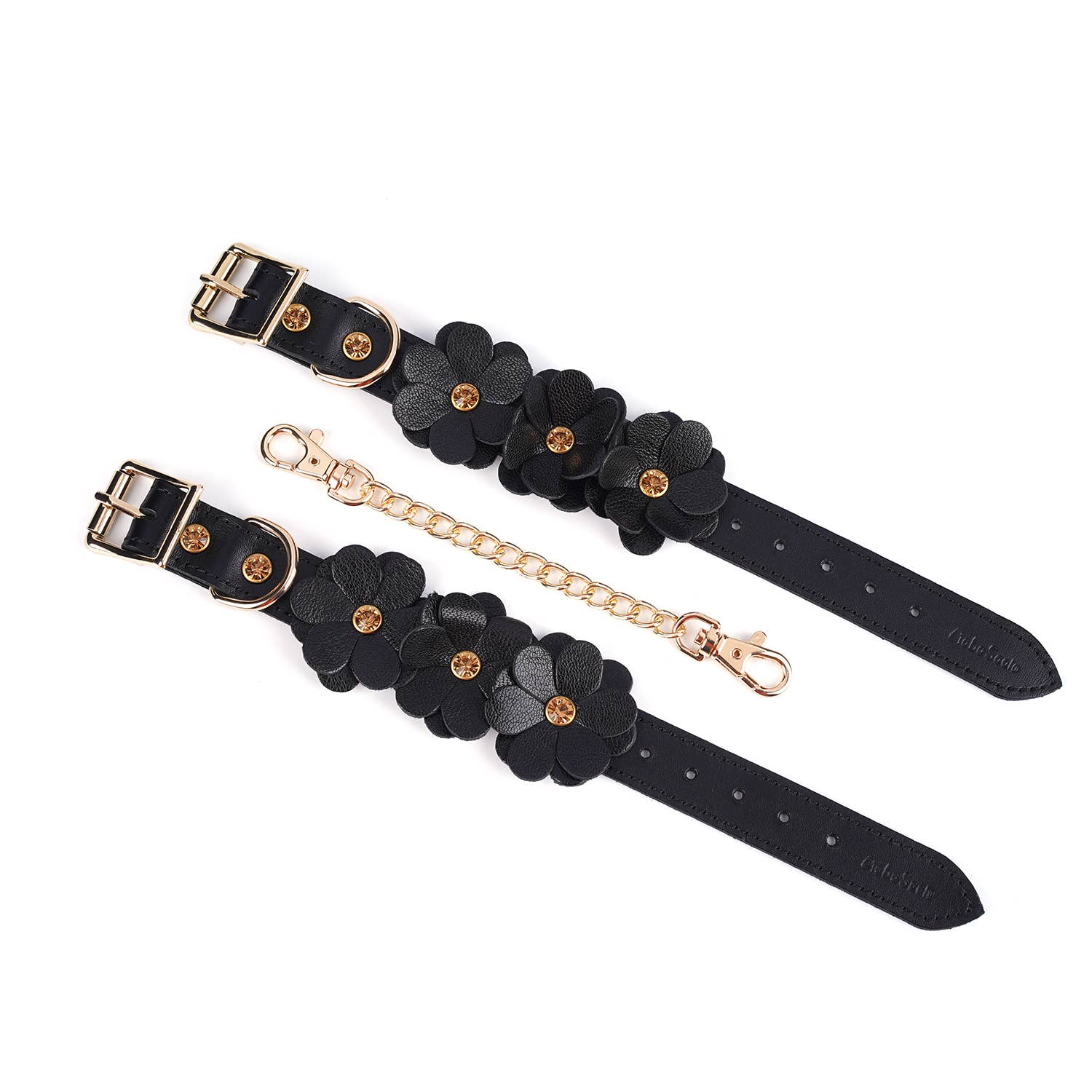  Black Leather Flowers Hand Cuffs Kink by Liebe Seele- The Nookie