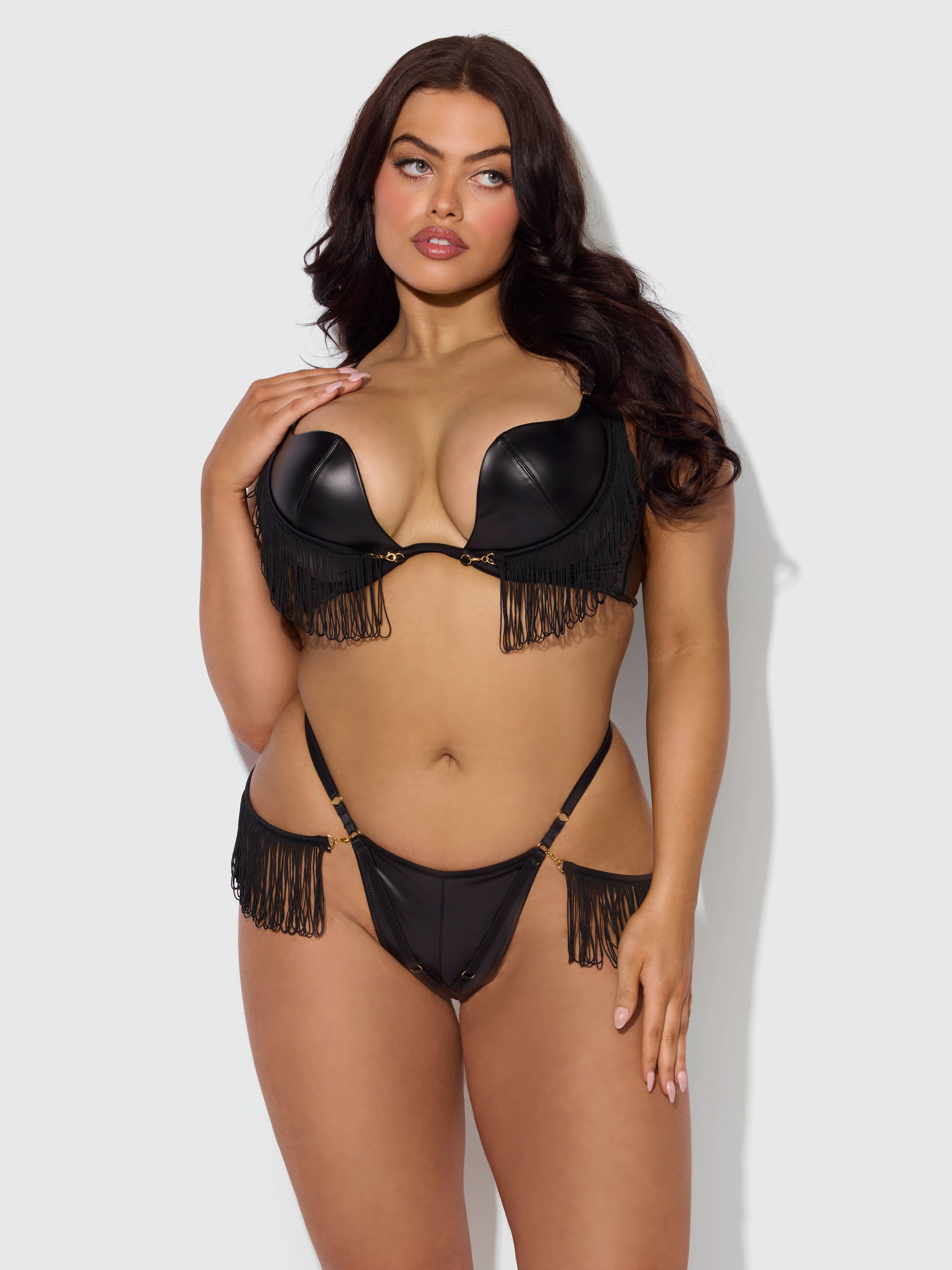 Phoenix Faux Leather & Fringe Push Up Bra & Thong Set Lingerie by House of Desire- The Nookie