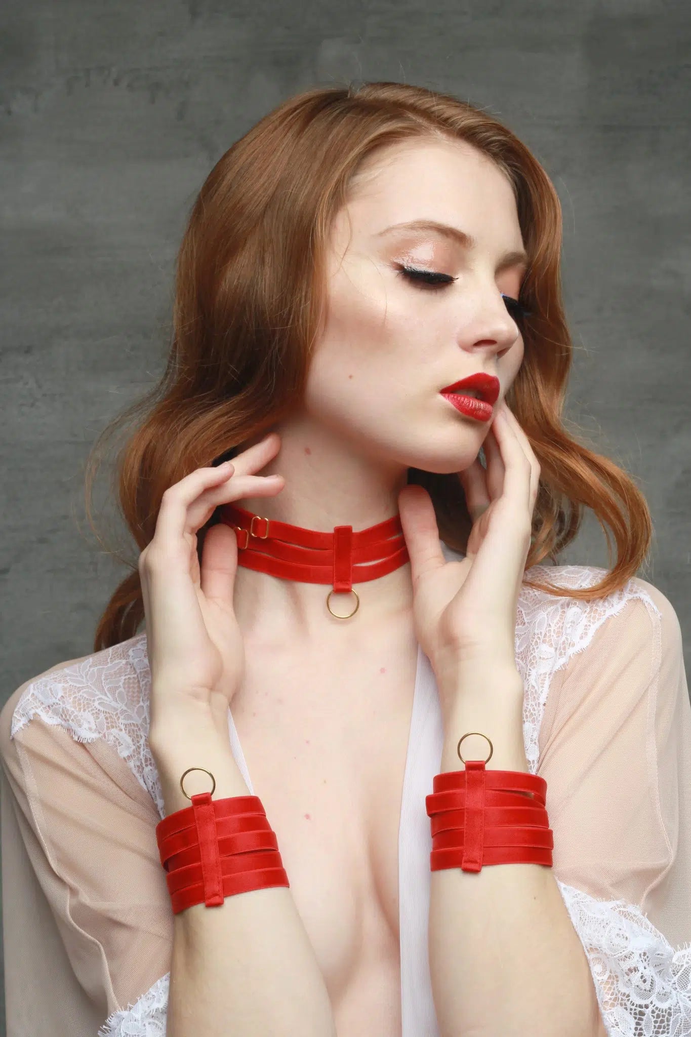 Red Bondage Choker with Gold Sliders and Ring Lingerie by Flash You & Me- The Nookie