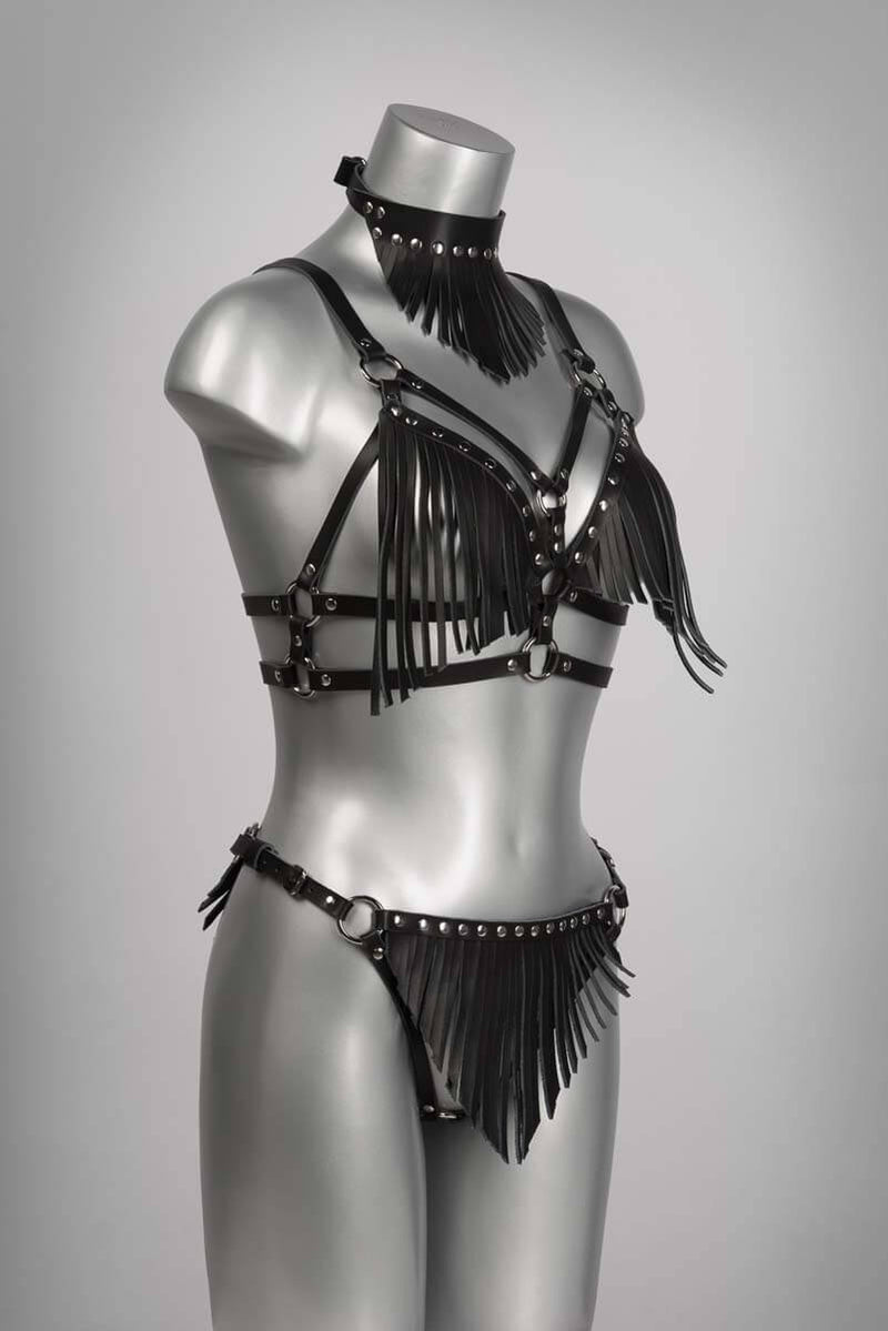  Boho Kink Leather Fringe Thong Open Crotch Lingerie by Voyeur X- The Nookie