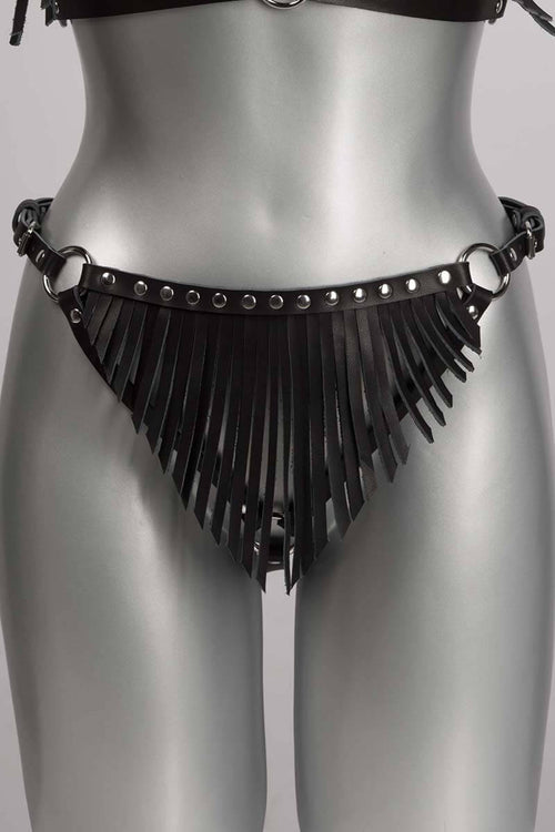  Boho Kink Leather Fringe Thong Open Crotch Lingerie by Voyeur X- The Nookie