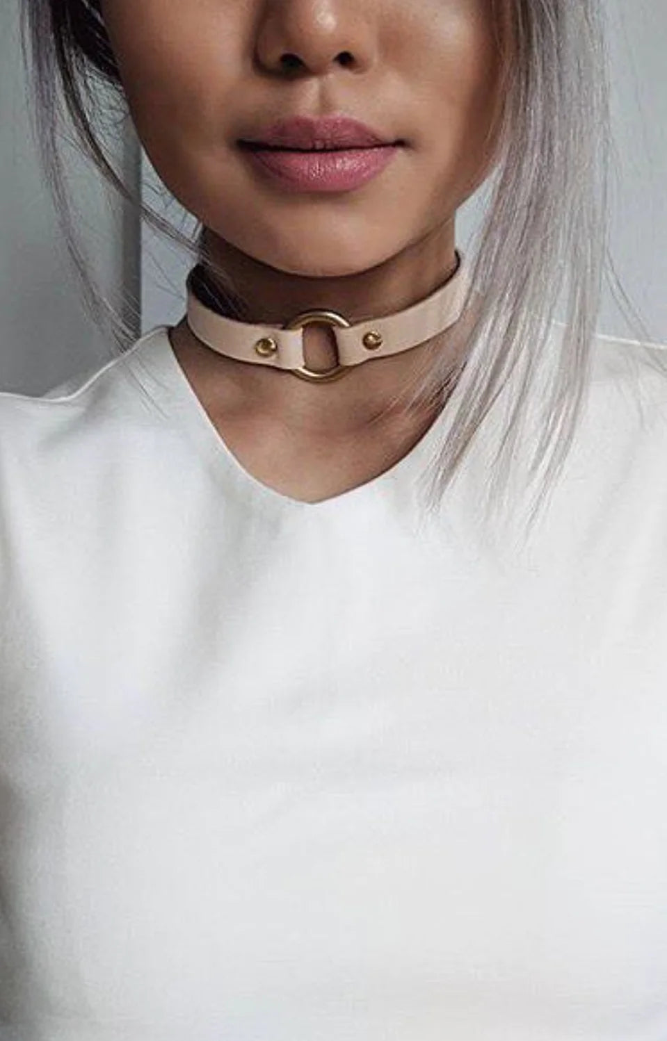  Nude and Brass leather O-Ring Choker Kink by Uncuffed- The Nookie